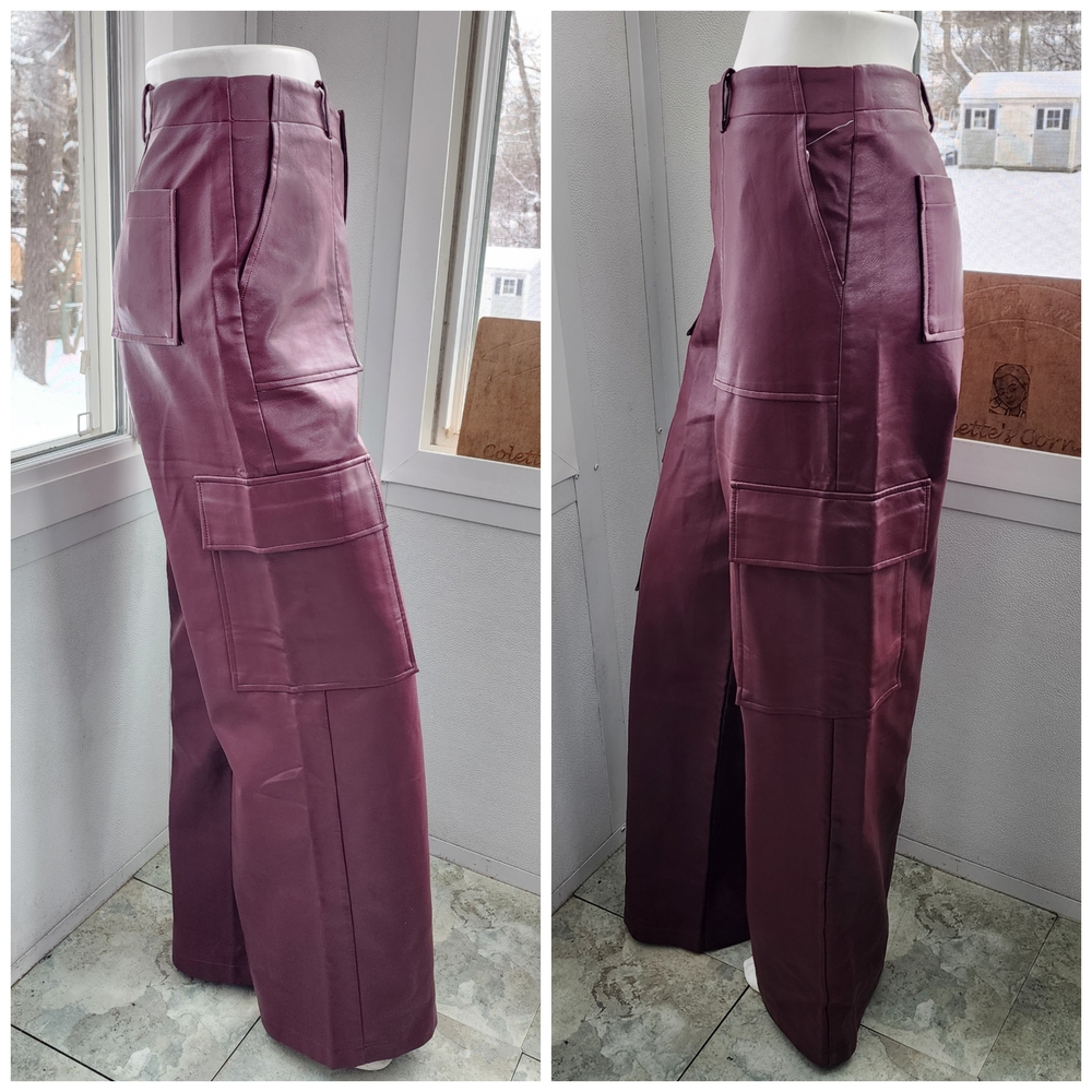 WAYF Burgundy Wide Leg Faux Leather Cargo Pants